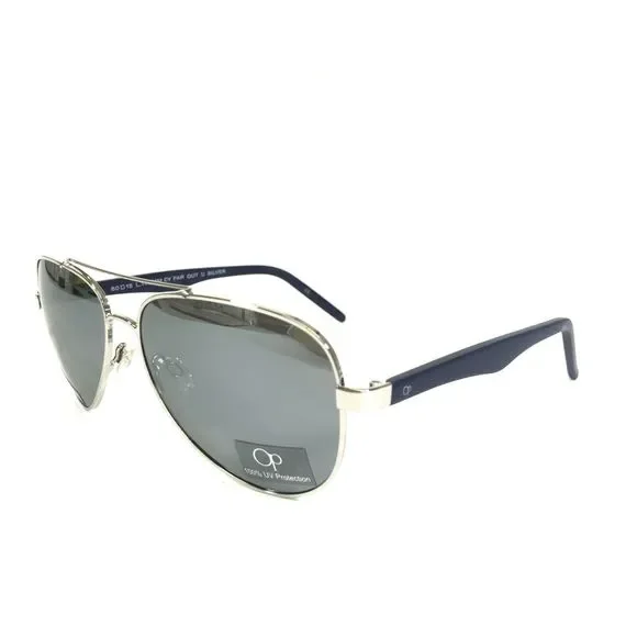 Op Ocean Pacific Sunglasses FAR OUT U SILVER Navy Blue Aviators Mirrored Lenses - Picture 6 of 15